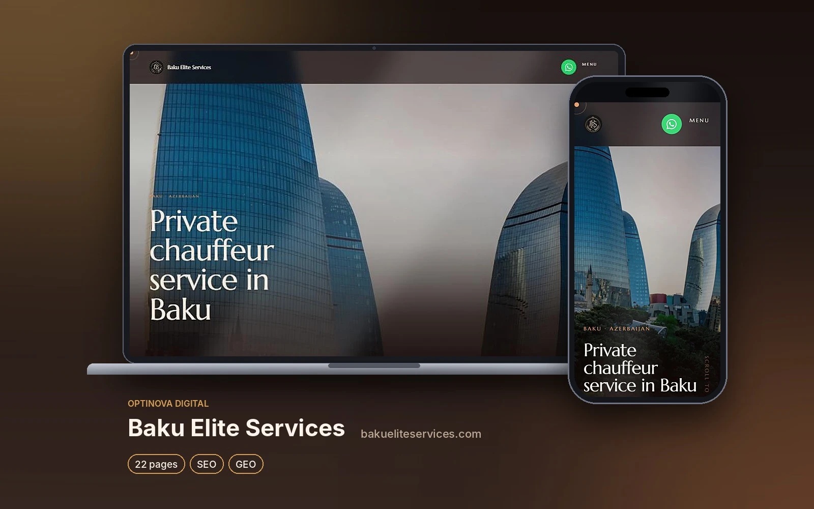 Site de services premium à Bakou créé par Optinova Digital, vue ordinateur et mobile