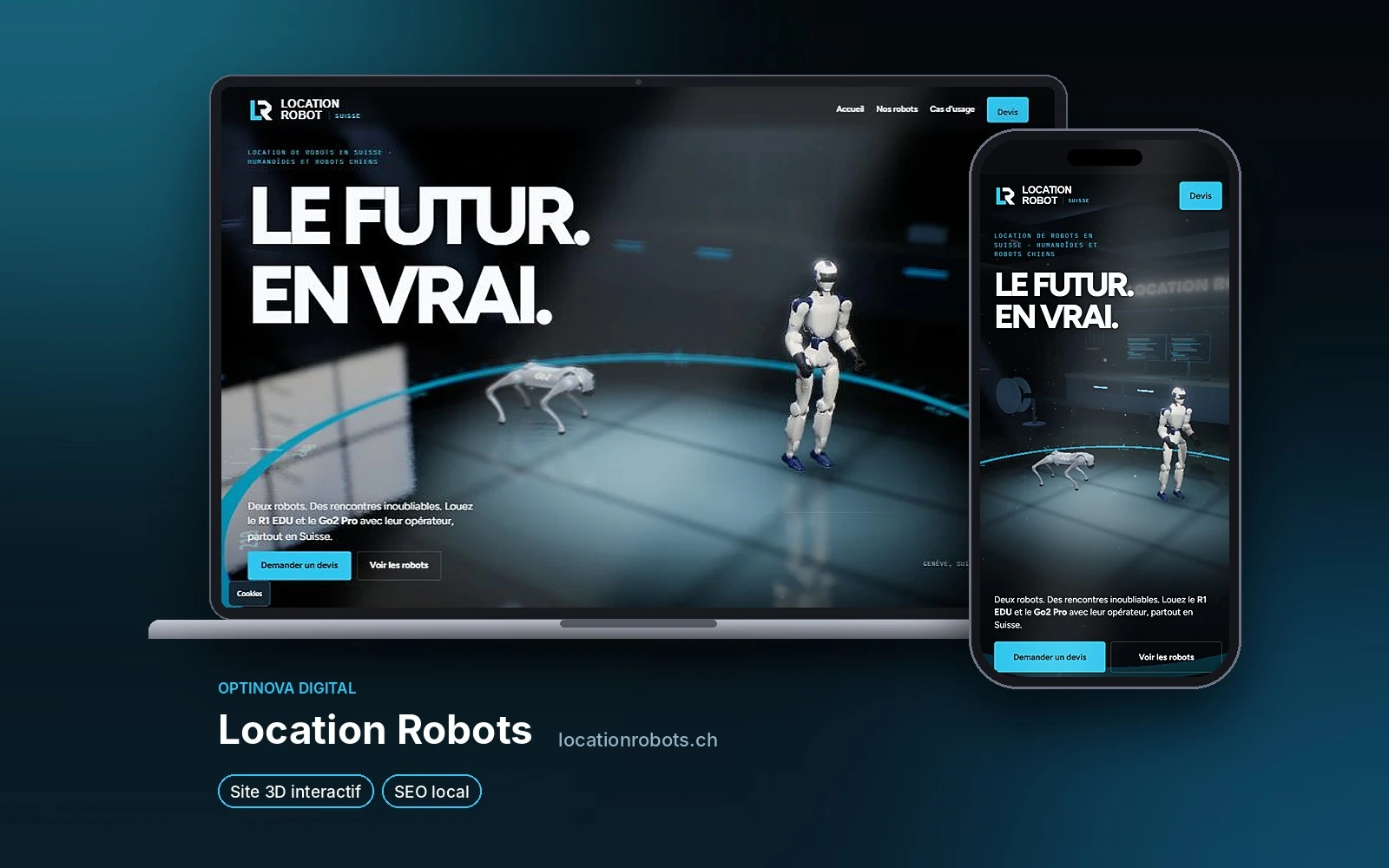 Site 3D de location de robots à Genève et en Suisse, conçu par Optinova Digital
