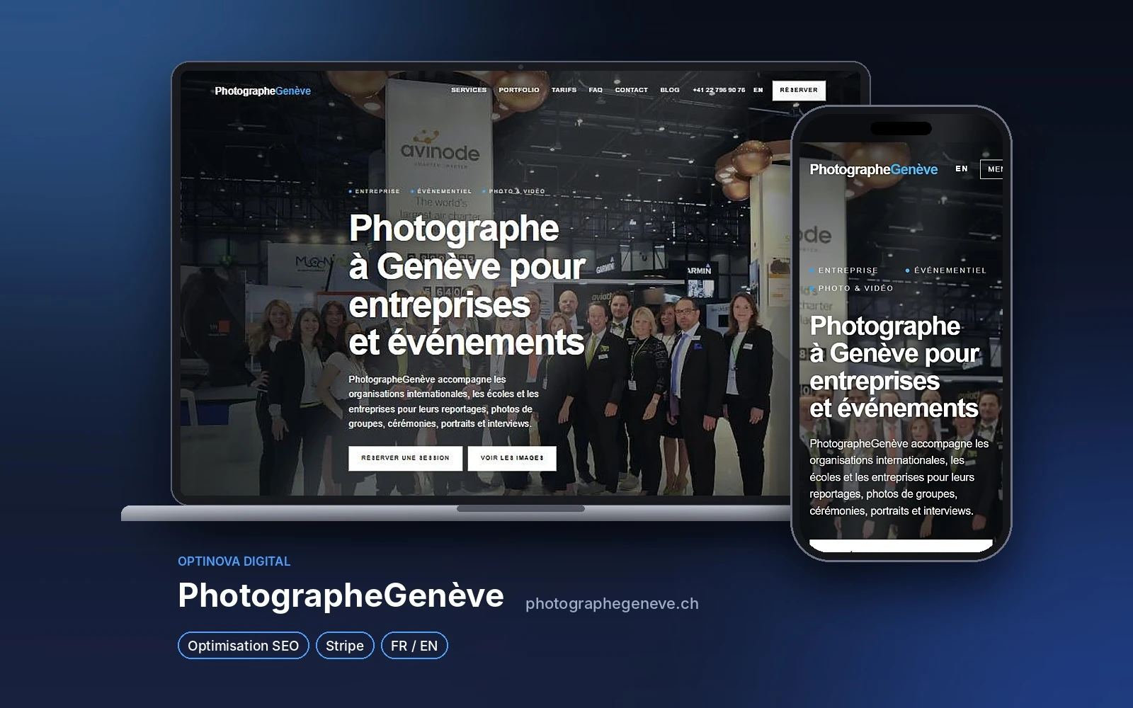 Site de photographe à Genève optimisé SEO par Optinova Digital, vue ordinateur et mobile